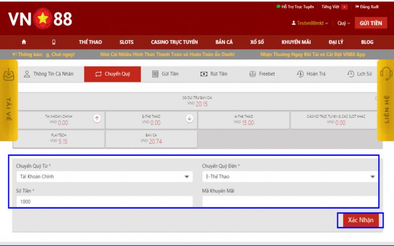 Hướng dẫn chuyễn quỹ tại VN88